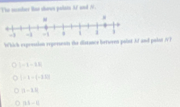 The number Bue shows puints Af and N.
Which expression represents the distance between point Mf and point N?
|-1-1.5|
|-1-(-2.5)|
|1-25|
[2.5-1]