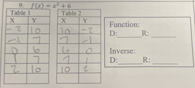 f(x)=x^2+6
Function: 
__ 
D: R: 
Inverse: 
D:_ R:_