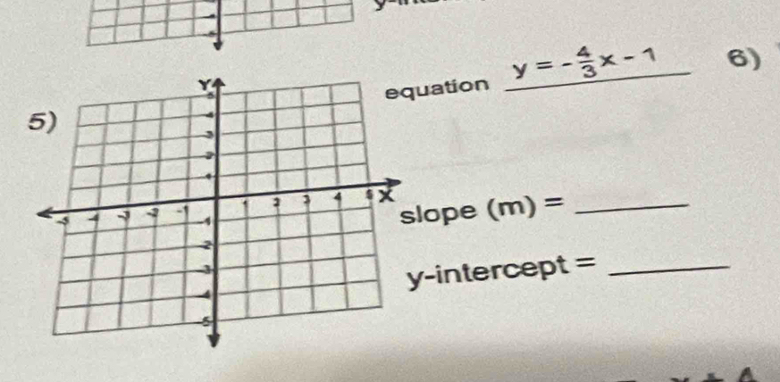 uation _ y=- 4/3 x-1
_ 
6) 
lope (m)= _ 
-intercept =_