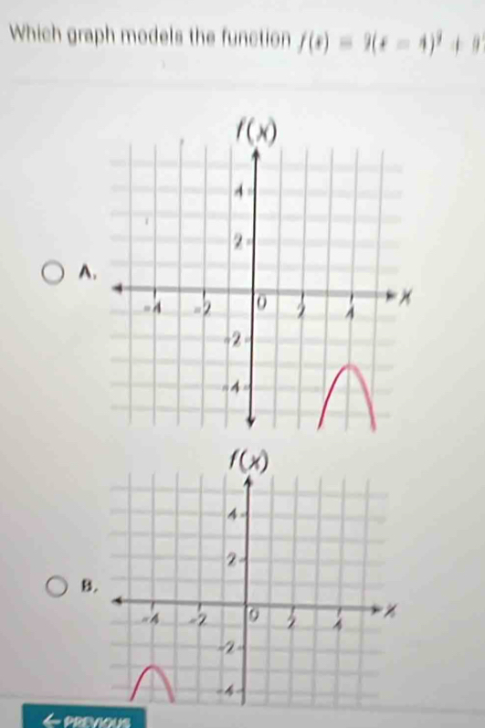 Which graph models the function f(x)=9(x-4)^2+9
A.
B.