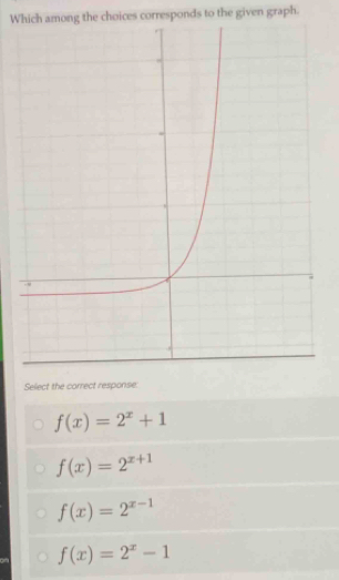 Which among the choices corresponds to the given graph.
Select the correct response.
f(x)=2^x+1
f(x)=2^(x+1)
f(x)=2^(x-1)
f(x)=2^x-1