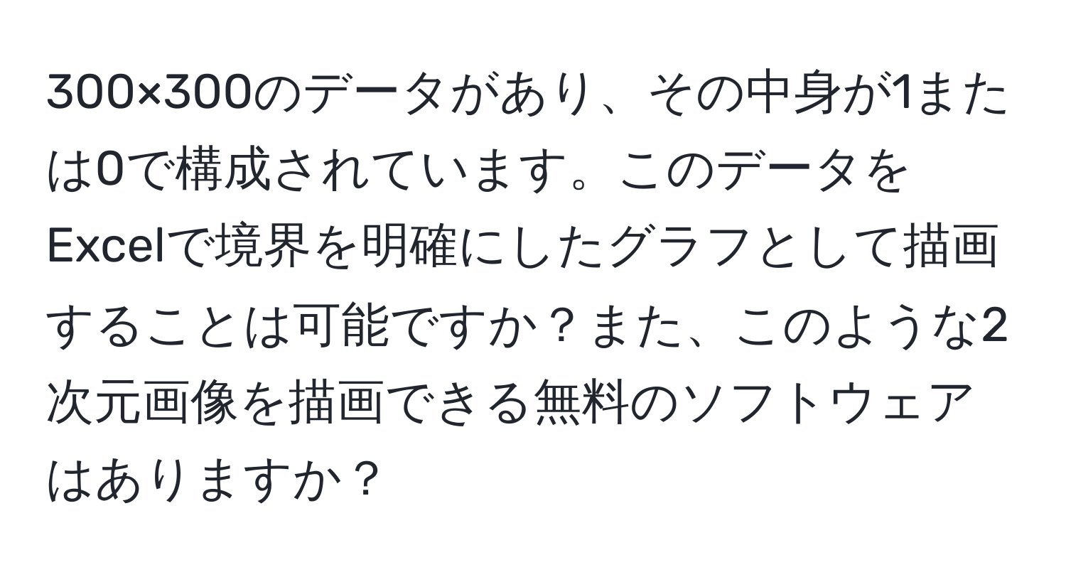 300×300のデータがあり、その中身が1または0で構成されています。このデータをExcelで境界を明確にしたグラフとして描画することは可能ですか？また、このような2次元画像を描画できる無料のソフトウェアはありますか？