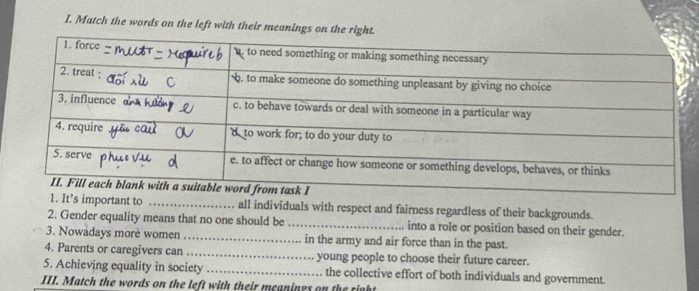 Match the words on the left with their meanings on the right. 
1. It’s important to _all individuals with respect and fairness regardless of their backgrounds. 
2. Gender equality means that no one should be _into a role or position based on their gender. 
3. Nowadays morè women _in the army and air force than in the past. 
4. Parents or caregivers can _young people to choose their future career. 
5. Achieving equality in society _the collective effort of both individuals and government. 
III. Match the words on the left with their meanings on the right