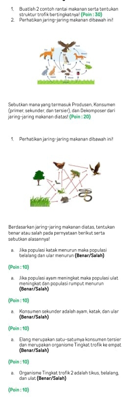 Buatlah 2 contoh rantai makanan serta tentukan 
struktur trofik bertingkatnya! (Poin:30)
2. Perhatikan jaring-jaring makanan dibawah ini! 
Sebutkan mana yang termasuk Produsen, Konsumen 
(primer, sekunder, dan tersier), dan Dekomposer dari 
jaring-jaring makanan diatas! (Pein : 20) 
1. Perhatikan jaring-jaring makanan dibawah ini! 
Berdasarkan jaring-jaring makanan diatas, tentukan 
benar atau salah pada pernyataan berikut serta 
sebutkan alasannya! 
a. Jika populasi katak menurun maka populasi 
belalang dan ular menurun (Benar/Salah) 
(Poin : 10) 
a, Jika populasi ayam meningkat maka populasi ulat 
meningkat dan populasi rumput menurun 
(Benar/Salah) 
(Poin : 10) 
a. Konsumen sekunder adalah ayam, katak, dan ular 
(Benar/Salah) 
(Poin : 10) 
a. Elang merupakan satu-satumya konsumen tersier 
dan merupakan organisme Tingkat trofik ke empat 
(Benar/Salah) 
(Poin : 10) 
a. Organisme Tingkat trofik 2 adalah tikus, belalang, 
dan ulat (Benar/Salah) 
(Poin : 10)