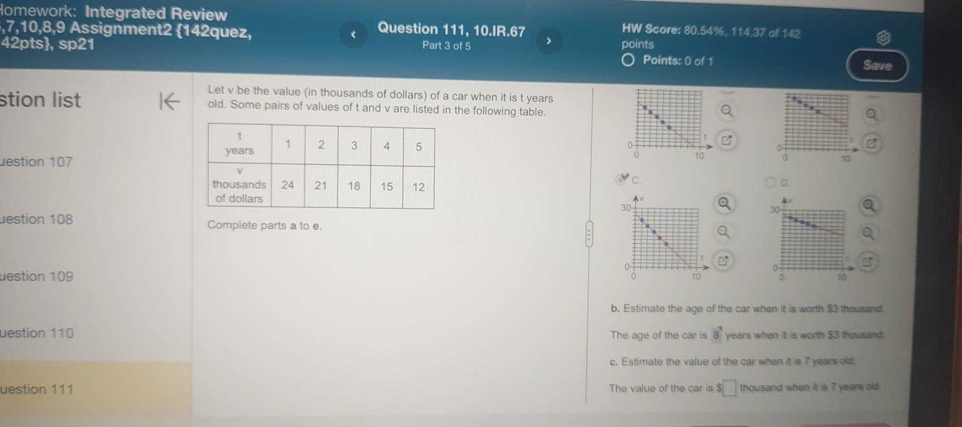 Homework: Integrated Review HW Score: 80.54%. 114.37 of 142
< Question 111, 10.IR.67
,7, 10,8,9 Assignment2 142quez, >
42pts, sp21 Part 3 of 5 points
Points: 0 of 1 Save
Let v be the value (in thousands of dollars) of a car when it is t years
stion list old. Some pairs of values of t and v are listed in the following table.
0
uestion 107
o
10
C.
D.
Jestion 108 Complete parts a to e.
uestion 109
b. Estimate the age of the car when it is worth $3 thousand.
uestion 110 The age of the car is 8 years when it is worth $3 thousand.
c. Estimate the value of the car when it is 7 years old.
uestion 111 The value of the car is $□ thousand when it is 7 years old.