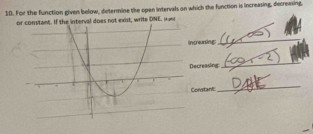 For the function given below, determine the open intervals on which the function is increasing, decreasing, 
or constant. If the interval does not exist, write DNE. (4ρ) 
creasing: 
_ 
ecreasing: 
_ 
Constant: 
_