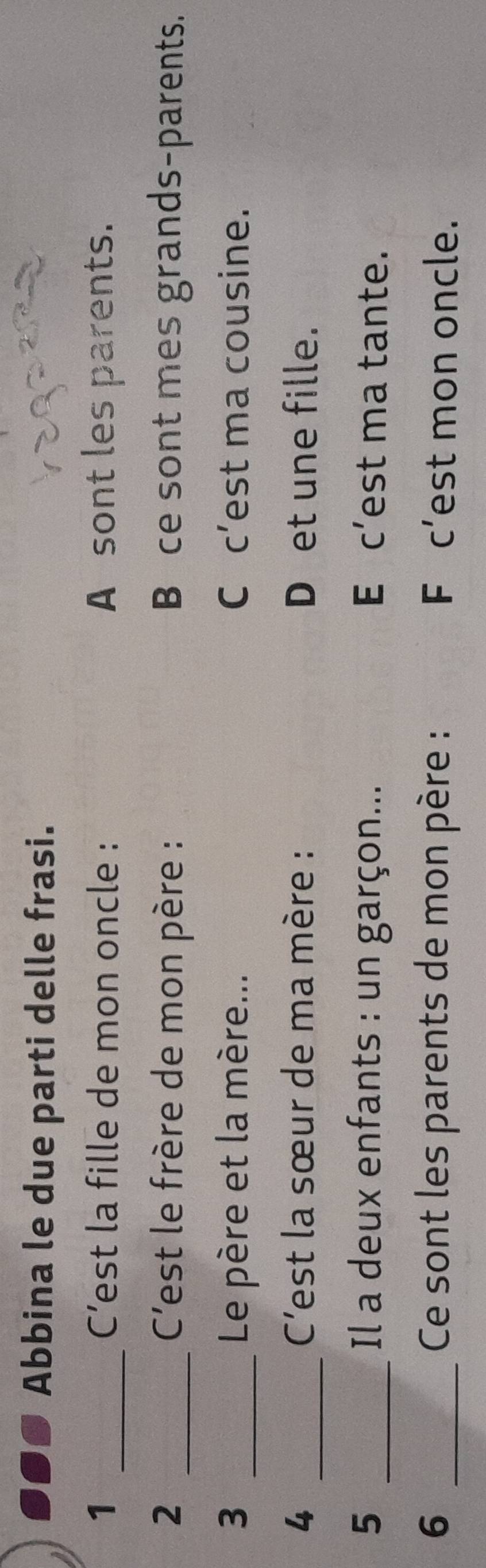 Abbina le due parti delle frasi.
1 _C’est la fille de mon oncle : A sont les parents.
2 _ C'est le frère de mon père : B ce sont mes grands-parents.
3 _Le père et la mère... C c’est ma cousine.
4 _ C'est la sœur de ma mère : Det une fille.
5 _Il a deux enfants : un garçon... E c’est ma tante.
6 _Ce sont les parents de mon père : F c’est mon oncle.