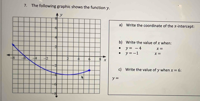 The following graphic shows the function y. 
a) Write the coordinate of the x-intercept: 
b) Write the value of x when:
y=-4 x=
y=-1 x=
c) Write the value of y when x=6.
y=