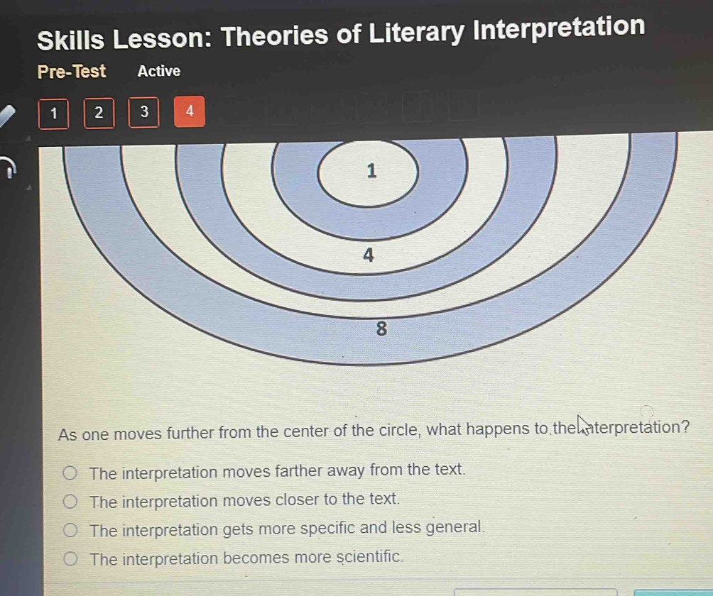 Skills Lesson: Theories of Literary Interpretation
Pre-Test Active
1 2 3 4
As one moves further from the center of the circle, what happens to the aterpretation?
The interpretation moves farther away from the text.
The interpretation moves closer to the text.
The interpretation gets more specific and less general.
The interpretation becomes more scientific.