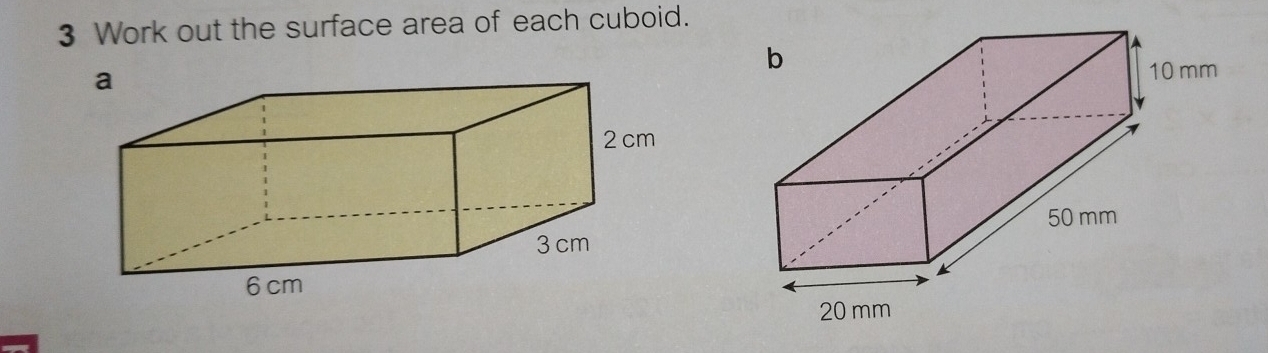 Work out the surface area of each cuboid.