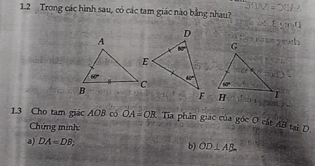 1.2 Trong các hình sau, có các tam giác nào bằng nhau?
1.3 Cho tam giác AOB có OA=OB :. Tia phân giác của góc O cắt AB tại D.
Chứng minh:
a) DA=DB
b) OD⊥ AB