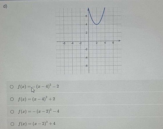 f(x)=-(x-4)^2-2
f(x)=(x-4)^2+2
f(x)=-(x-2)^2-4
f(x)=(x-2)^2+4