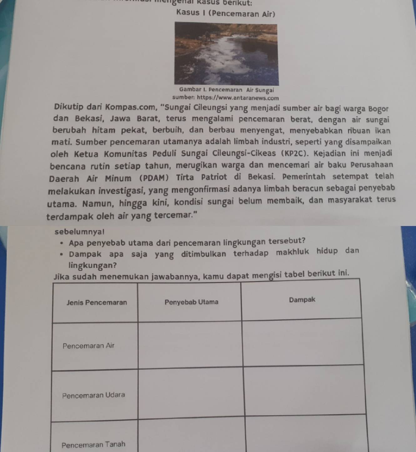 engenar kasus berikut: 
Kasus I (Pencemaran Air) 
Gambar I. Pencemaran Air Sungai 
sumber: https://www.antaranews.com 
Dikutip dari Kompas.com, “Sungai Cileungsi yang menjadi sumber air bagi warga Bogor 
dan Bekasi, Jawa Barat, terus mengalami pencemaran berat, dengan air sungai 
berubah hitam pekat, berbuih, dan berbau menyengat, menyebabkan ribuan ikan 
mati. Sumber pencemaran utamanya adalah limbah industri, seperti yang disampaikan 
oleh Ketua Komunitas Peduli Sungai Cileungsi-Cikeas (KP2C). Kejadian ini menjadi 
bencana rutin setiap tahun, merugikan warga dan mencemari air baku Perusahaan 
Daerah Air Minum (PDAM) Tirta Patriot di Bekasi. Pemerintah setempat telah 
melakukan investigasi, yang mengonfirmasi adanya limbah beracun sebagai penyebab 
utama. Namun, hingga kini, kondisi sungai belum membaik, dan masyarakat terus 
terdampak oleh air yang tercemar." 
sebelumnya! 
Apa penyebab utama dari pencemaran lingkungan tersebut? 
Dampak apa saja yang ditimbulkan terhadap makhluk hidup dan 
lingkungan? 
i 
Pencemaran Tanah