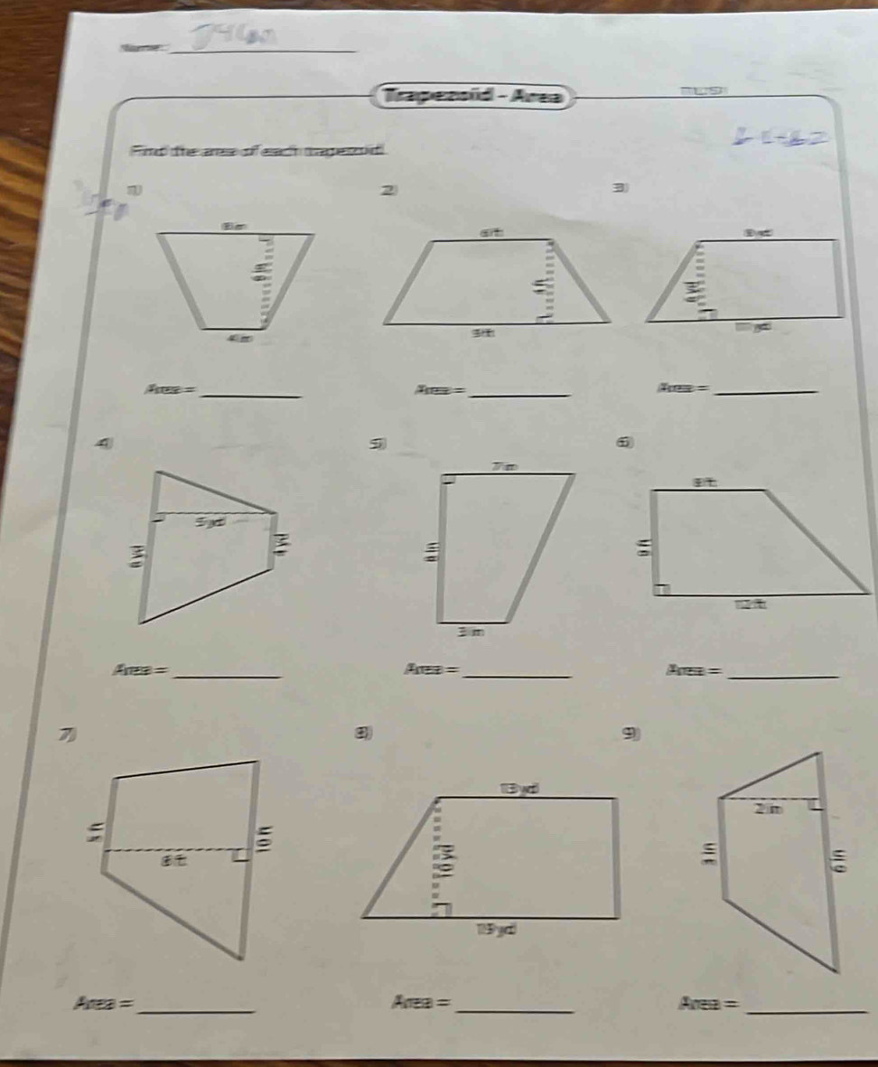 Trapezsüd - Area 
Find the aree of each tapesd 
3) 
4 
Arex=x= _ 
_ x_m=
Am=
_
Ares= _
Arez= _ 
_ Ares=
9
Area= _
Area= _
Area= _