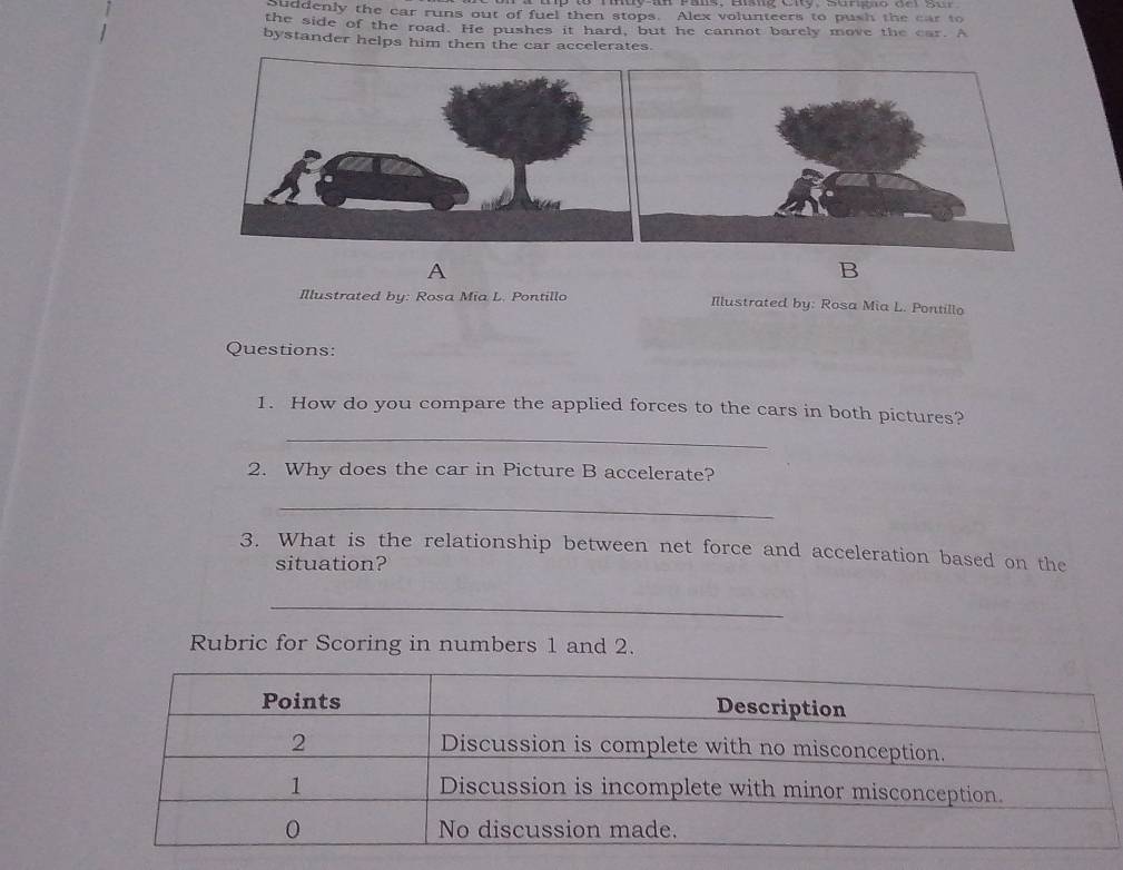 Suddenly the car runs out of fuel then stops. Alex volunteers to push the car to 
the side of the road. He pushes it hard, but he cannot barely move the car. A 
bystander helps him the 
A 
B 
Illustrated by: Rosa Mia L. Pontillo Illustrated by: Rosa Mia L. Pontillo 
Questions: 
_ 
1. How do you compare the applied forces to the cars in both pictures? 
2. Why does the car in Picture B accelerate? 
_ 
3. What is the relationship between net force and acceleration based on the 
situation? 
_ 
Rubric for Scoring in numbers 1 and 2.
