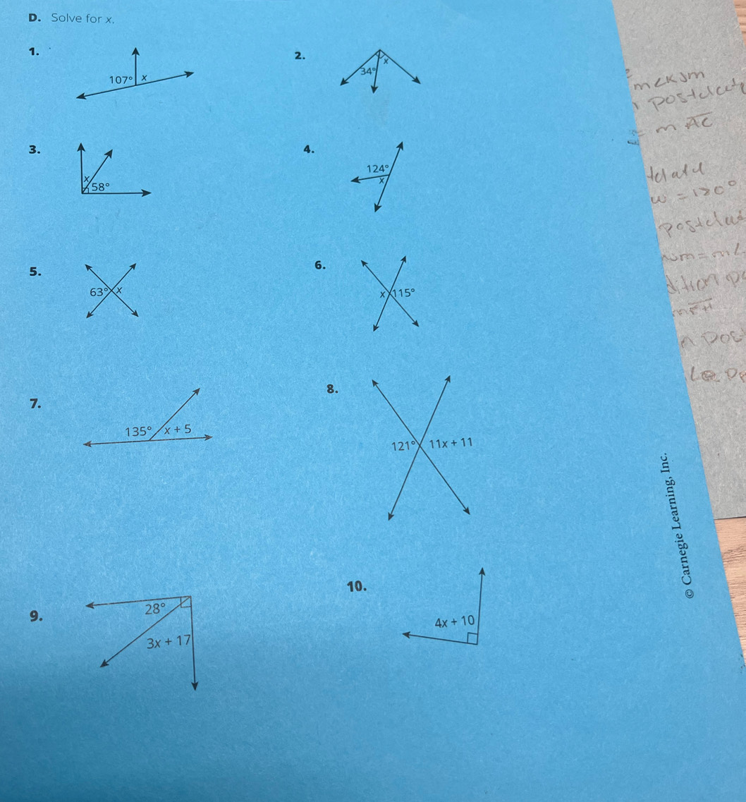 Solve for x.
1.
2.
34°
3.
4.
5.
6.
63°
8.
7.
10.
9.