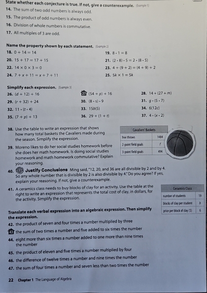 State whether each conjecture is true. If not, give a counterexample. (tmple1)
14. The sum of two odd numbers is always odd.
15. The product of odd numbers is always even.
16. Division of whole numbers is commutative.
17, All multiples of 3 are odd.
Name the property shown by each statement. [Example 2]
18. 0+14=14 19. 8-1=8
20. 15+17=17+15 (2· 8)· 5=2· (8· 5)
21.
22. 14* 0* 3=0
24. 7+x+11=x+7+11 25. 23. 4+(9+2)=(4+9)+2
5k* 1=5k
Simplify each expression. |Example ]|
26. (d+12)+16 27 (54+p)+16 31. 28. 14+(27+m)
29. (r+32)+24 30. (8-s)-9 g· (5· 7)
32. 11· (t· 4) 33. 15b(5) 34. 6(12c)
35. (7+p)+13 36, 29+(1+r) 37. 4· (x· 2)
38. Use the table to write an expression that shows Cavaliers' Baskets
how many total baskets the Cavaliers made during
the season, Simplify the expression. fee throws 1484
f
39. Moreno likes to do her social studies homework before 3-point field goals 3 poin't field goah 494
she does her math homework. Is doing social studies
hornework and math homework commutative? Explain
your reasoning.
40,  Justify Conclusions Ming said, "12, 20, and 36 are all divisible by 2 and by 4
So any whole number that is divisible by 2 is also divisible by 4." Do you agree? If yes,
explain your reasoning. If not, give a counterexample.
41. A ceramics class needs to buy blocks of clay for an activity. Use the table at the Ceramics Class
right to write an expression that represents the total cost of clay, in dollars, for
the activity. Simplify the expression.  normber of students 19
blacks of clay per student
Translate each verbal expression into an algebraic expression. Then simplify grice per black of clay ($) 6
the expression.
42. the product of seven and four times a number multiplied by three
the sum of two times a number and five added to six times the number
44. eight more than six times a number added to one more than nine times
the number
45. the product of eleven and five times a number multiplied by four
46. the difference of twelve times a number and nine times the number
47. the sum of four times a number and seven less than two times the number
22 Chapter 1 The Language of Algebra