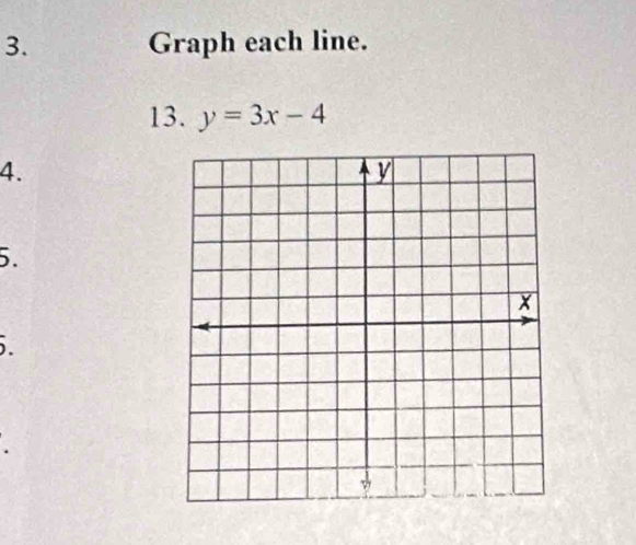 Graph each line. 
13. y=3x-4
4. 
5. 
).