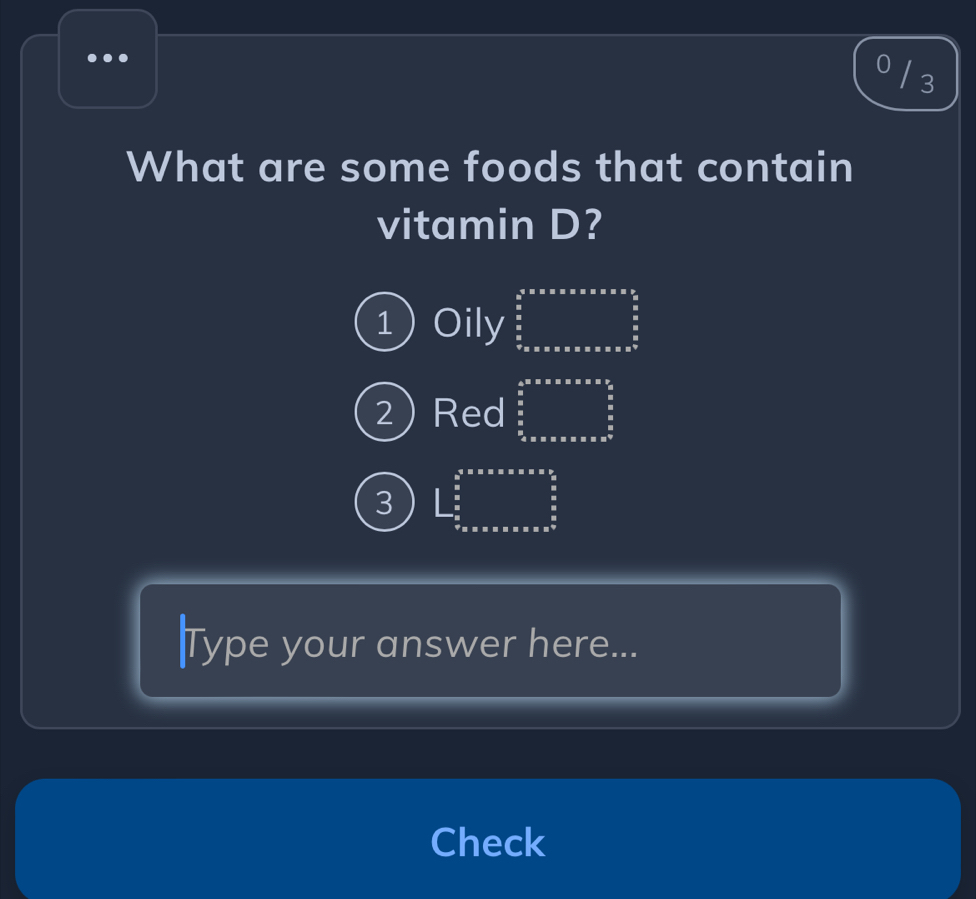 0 /3
What are some foods that contain
vitamin D?
1) Oily ∈tlimits _ π /2 ^frac π   5/2  frac (π * π)^2^ π /2  ∈tlimits _ π /2 ^ π /2  ^ π /2 _ π /2 
2Red ∈tlimits _x+a+x* a* x  a/b  frac cb^((frac c)a) c L_ 5/2 ^ 5/2 * π * π * π *  9/2 frac  5/2  5/2 
|Type your answer here...
Check