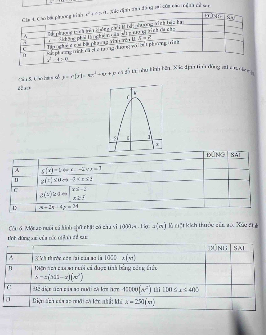 x-ax
ính đúng sai của các mệnh đề sau
Câu 5. Cho hàm số y=g(x)=mx^2+nx+p có đồ thị như hình bên. Xác định tính đúng sai của các mộ
Awidehat a sau
ĐUNG SAI
A g(x)=0Leftrightarrow x=-2vee x=3
B g(x)≤ 0Leftrightarrow -2≤ x≤ 3
C g(x)≥ 0Leftrightarrow beginarrayl x≤ -2 x≥ 3endarray.
D m+2n+4p=24
Câu 6. Một ao nuôi cá hình chữ nhật có chu vi 1000m . Gọi x(m) là một kích thước của ao. Xác định
tính đúng sai của các mệnh đề sau