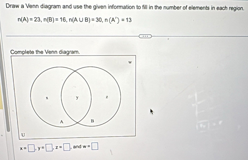 Draw a Venn diagram and use the given information to fill in the number of elements in each region.
n(A)=23, n(B)=16, n(A∪ B)=30, n(A')=13
Complete the Venn diagram.
x=□ , y=□ , z=□ , and w=□