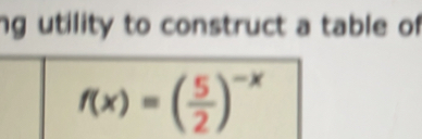 ng utility to construct a table of
f(x)=( 5/2 )^-x