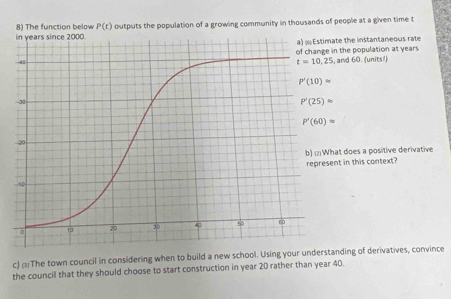 The function below P(t) outputs the population of a growing community in thousands of people at a given time t
ate the instantaneous rate
in the population at years
, and 60. (units!)
at does a positive derivative
ent in this context?
c) (3)The town council in considering when to build a new school. Using your understanding of derivatives, convince
the council that they should choose to start construction in year 20 rather than year 40.