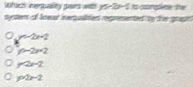 thich inerquality pars wit y=2x-1 is comete the 
systers olf lineer inerq alities regremented by the grapin
y=2x-2
p-2=2
y=0-2
y=2x-2