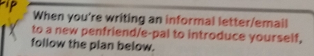 Hip 
When you're writing an informal letter/email 
to a new penfriend/e-pal to introduce yourself, 
follow the plan below.