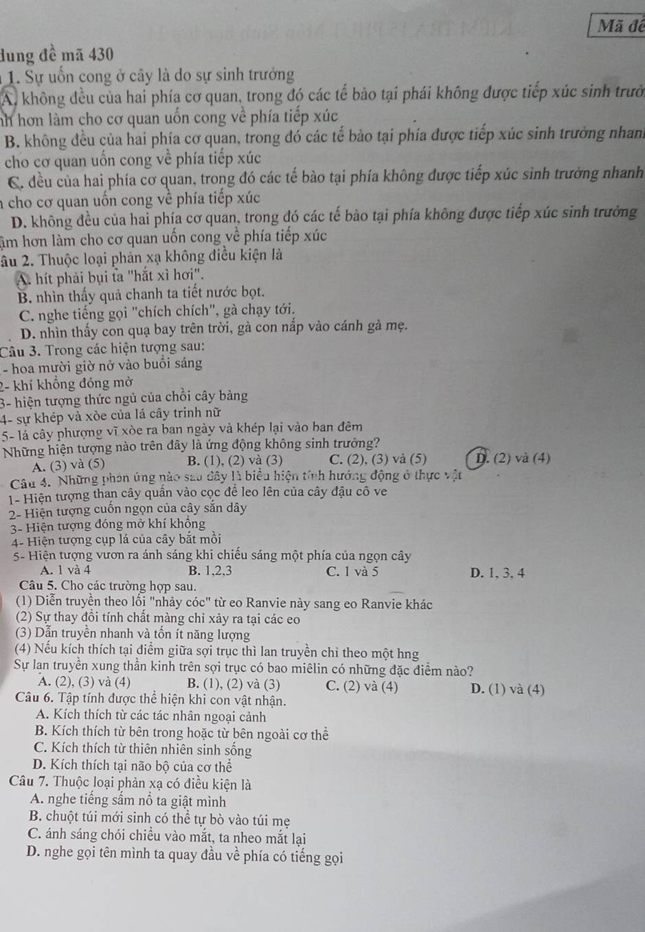 Mã đề
dung đề mã 430
1 1. Sự uốn cong ở cây là do sự sinh trưởng
A. không đều của hai phía cơ quan, trong đó các tế bảo tại phái không được tiếp xúc sinh trưở
nh hơn làm cho cơ quan uốn cong về phía tiếp xúc
B. không đều của hai phía cơ quan, trong đó các tế bảo tại phía được tiếp xúc sinh trưởng nhanh
cho cơ quan uốn cong về phía tiếp xúc
C. đều của hai phía cơ quan, trong đó các tế bào tại phía không được tiếp xúc sinh trưởng nhanh
a cho cơ quan uồn cong về phía tiếp xúc
D. không đều của hai phía cơ quan, trong đó các tế bảo tại phía không được tiếp xúc sinh trưởng
âm hơn làm cho cơ quan uốn cong về phía tiếp xúc
âu 2. Thuộc loại phản xạ không điều kiện là
A. hít phải bụi ta "hắt xì hơi".
B. nhìn thấy quả chanh ta tiết nước bọt.
C. nghe tiếng gọi "chích chích", gà chạy tới.
D. nhìn thấy con quạ bay trên trời, gà con nấp vào cánh gà mẹ.
Câu 3. Trong các hiện tượng sau:
- hoa mười giờ nở vào buổi sáng
2- khí khổng đóng mở
3- hiện tượng thức ngủ của chồi cây bàng
4- sự khép và xòe của lá cây trinh nữ
5- lá cây phượng vĩ xòe ra ban ngày và khép lại vào ban đêm
Những hiện tượng nào trên đây là ứng động không sinh trưởng?
A. (3) và (5) B. (1), (2) và (3) C. (2), (3) và (5) D. (2) và (4)
Câu 4. Những phản ứng nào sau đây là biểu hiện tính hướng động ở thực vật
1- Hiện tượng than cây quần vào cọc để leo lên của cây đậu cô ve
2- Hiện tượng cuốn ngọn của cây sắn dây
3- Hiện tượng đóng mở khí khổng
4- Hiện tượng cụp lá của cây bắt mồi
5- Hiện tượng vươn ra ánh sáng khi chiếu sáng một phía của ngọn cây
A. 1 và 4 B. 1,2,3 C. 1 và 5 D. 1, 3, 4
Câu 5. Cho các trường hợp sau.
(1) Diễn truyền theo lối "nhảy cóc" từ eo Ranvie này sang eo Ranvie khác
(2) Sự thay đồi tính chất màng chỉ xảy ra tại các eo
(3) Dẫn truyền nhanh và tốn ít năng lượng
(4) Nếu kích thích tại điểm giữa sợi trục thì lan truyền chỉ theo một hng
Sự lan truyền xung thần kinh trên sợi trục có bao miêlin có những đặc điểm nào?
A. (2), (3) và (4) B. (1), (2) và (3) C. (2) và (4) D. (1) và (4)
Câu 6. Tập tính được thể hiện khi con vật nhận.
A. Kích thích từ các tác nhân ngoại cảnh
B. Kích thích từ bên trong hoặc từ bên ngoài cơ thể
C. Kích thích từ thiên nhiên sinh sống
D. Kích thích tại não bộ của cơ thể
Câu 7. Thuộc loại phản xạ có điều kiện là
A. nghe tiếng sắm nổ ta giật mình
B. chuột túi mới sinh có thể tự bò vào túi mẹ
C. ánh sáng chói chiều vào mắt, ta nheo mắt lại
D. nghe gọi tên mình ta quay đầu về phía có tiếng gọi