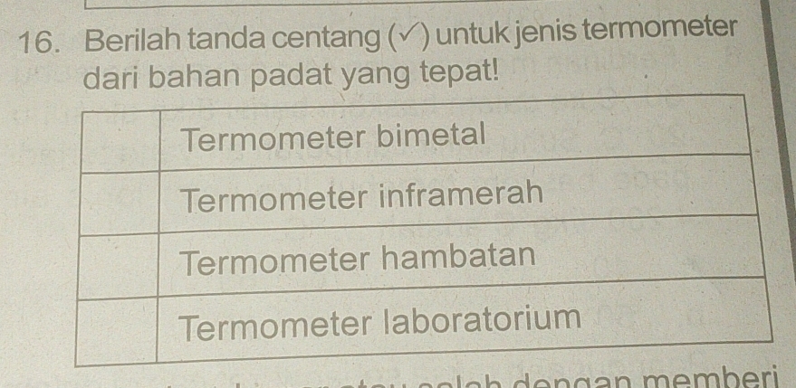 Berilah tanda centang (√) untuk jenis termometer 
dari bahan padat yang tepat!