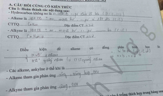 CÂU Hỏi cùng cô kIên thức 
Câu 1: Hoàn thành các nội dung sau: 
_ 
- Hydrocarbon không no là 
- Alkene là 
_ 
CTTQ_ Đặc điểm CT. 
- Alkyne là_ 
CTTQ_ a _Đặc điểm CT.â ề 
Điều kiện dề alkene có đồng phân hình học làc 
_ 
- Các alkene, ankylne ở thể khí là 
_ 
_ 
- Alkene tham gia phản ứng 
- Alkyne tham gia phản ứng 
vào ộ trống thích hợp trong băng sau