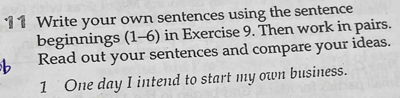 1 1 Write your own sentences using the sentence 
beginnings (1-6) in Exercise 9. Then work in pairs. 
Read out your sentences and compare your ideas. 
1 One day I intend to start my own business.