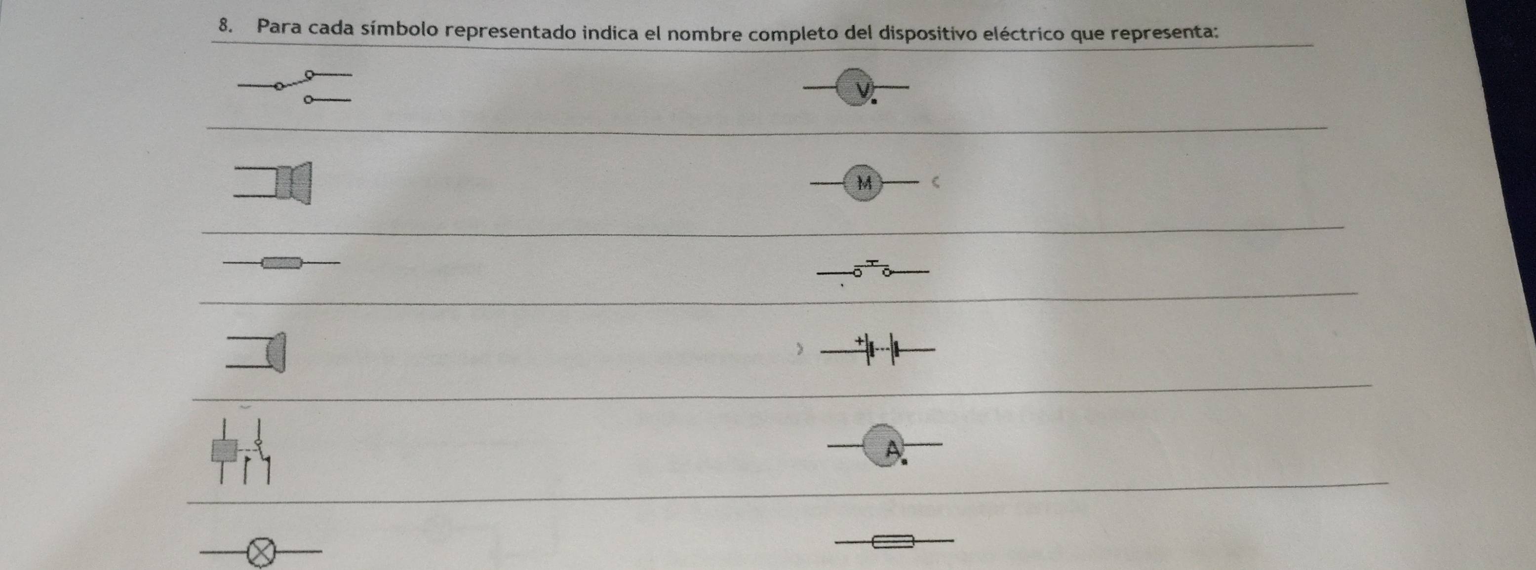 Para cada símbolo representado indica el nombre completo del dispositivo eléctrico que representa:
M