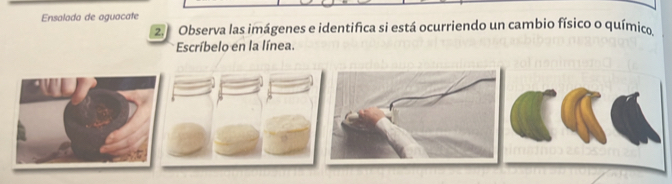 Ensalada de aguacate 
2. Observa las imágenes e identifica si está ocurriendo un cambio físico o químico 
Escríbelo en la línea.