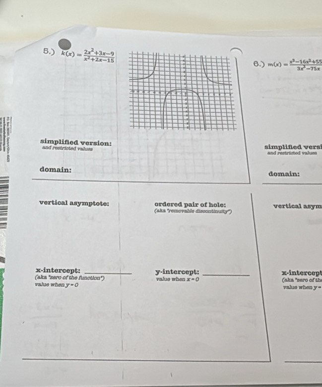 5.) k(x)= (2x^2+3x-9)/x^2+2x-15 
6.) m(x)= (x^3-16x^2+55)/3x^3-75x 
8 simplifed version: 
and restricted values simplifed vers 
and restricted valuea 
domain: domain: 
vertical asymptote: ordered pair of hole: vertical asym 
(aka 'removable discontinuity') 
x-intercept: _y-intercept: _x-intercept 
(aka "zero of the function") value when x=0 (aka "zero of the 
value when y=0 value when y=
_