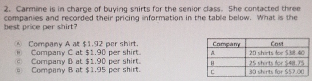 Carmine is in charge of buying shirts for the senior class. She contacted three
companies and recorded their pricing information in the table below. What is the
best price per shirt?
④ Company A at $1.92 per shirt.
⑧ Company C at $1.90 per shirt.
© Company B at $1.90 per shirt.
◎ Company B at $1.95 per shirt.