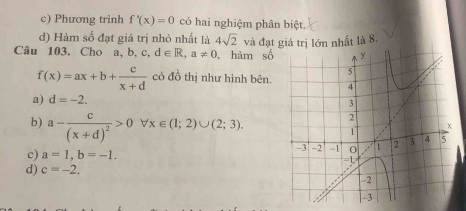 c) Phương trình f'(x)=0 có hai nghiệm phân biệt.
d) Hàm số đạt giá trị nhỏ nhất là 4sqrt(2) và đạt giá trị lớn nhất là 8.
Câu 103. Cho a, b, c, d∈ R, a!= 0 , hàm số
f(x)=ax+b+ c/x+d  có đồ thị như hình bên.
a) d=-2.
b) a-frac c(x+d)^2>0forall x∈ (1;2)∪ (2;3).
c) a=1, b=-1.
d) c=-2.