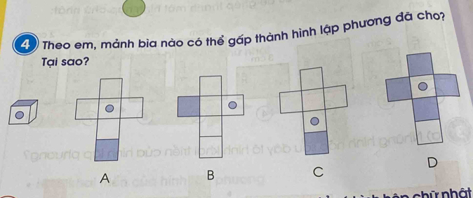 Theo em, mảnh bìa nào có thể gấp thành hình lập phương đã cho?
Tại sao?
D
A
B
C
* c ữ nhật