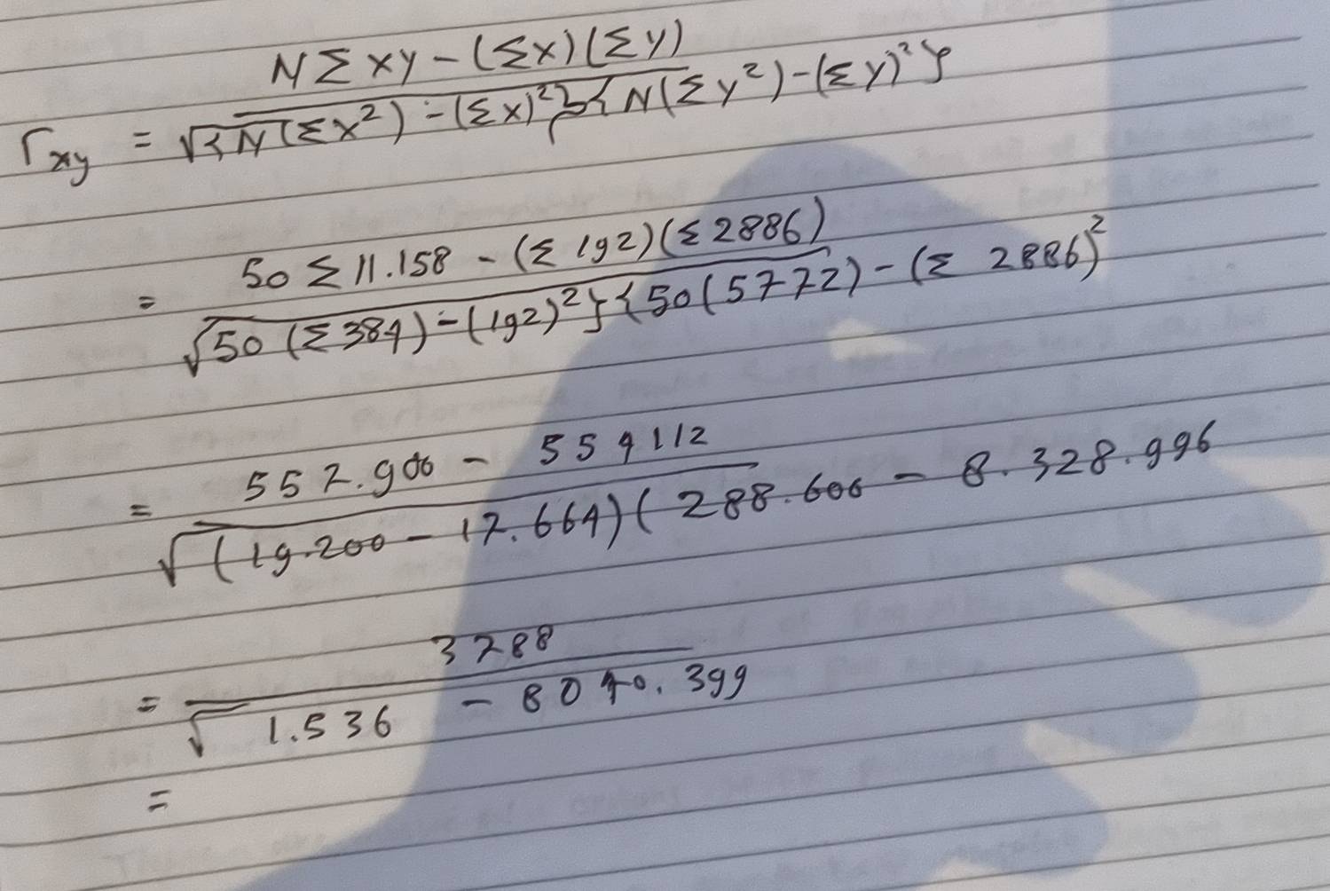 r_xy=frac Nsumlimits xy-(sumlimits x)(sumlimits y)sqrt( N(sumlimits x^2)-(sumlimits x)^2) sim (sumlimits y^2)-(sumlimits y)^2y
=frac 50sumlimits 11.158-(z192)(varepsilon 2886)sqrt(50(sumlimits 384)-(1g2)^2)]· 50(5772)-(z2886)^2
= (557.900-554112)/sqrt((19.200-17.664)(288.606-8.328.996) 
= 3788/sqrt(1.536-8040.399) 