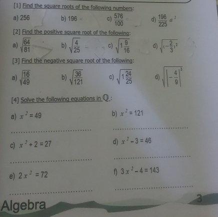 [1] Find the square roots of the following numbers: 
a) 256 b) 196= c)  576/100  d)  196/225 a^2
[2] Find the positive square root of the following: 
a) sqrt(frac 64)81 b) sqrt(frac 4)25 c) sqrt(1frac 9)16 d) sqrt((-frac 2)3)^2
[3] Find the negative square root of the following: 
a) sqrt(frac 16)49 b) sqrt(frac 36)121 c) sqrt(1frac 24)25 d) sqrt(|-frac 4)9|^3
[4] Solve the following equations in Q
a) x^2=49
b) x^2=121
_ 
_ 
c) x^2+2=27
d) x^2-3=46
_ 
_ 
e) 2x^2=72
f) 3x^2-4=143
_ 
_ 
Algebra 
3