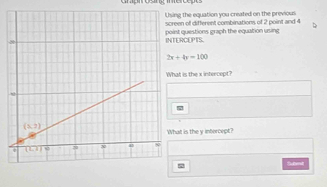 raph osing intercepts
g the equation you created on the previous
en of different combinations of 2 point and 4
t questions graph the equation using
ERCEPTS.
2x+4y=100
t is the x intercept?
at is the y intercept?
Suten