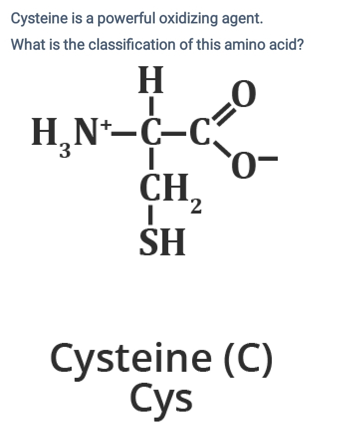 Cysteine is a powerful oxidizing agent.
What is the classification of this amino acid?
Cysteine (C)
Cys