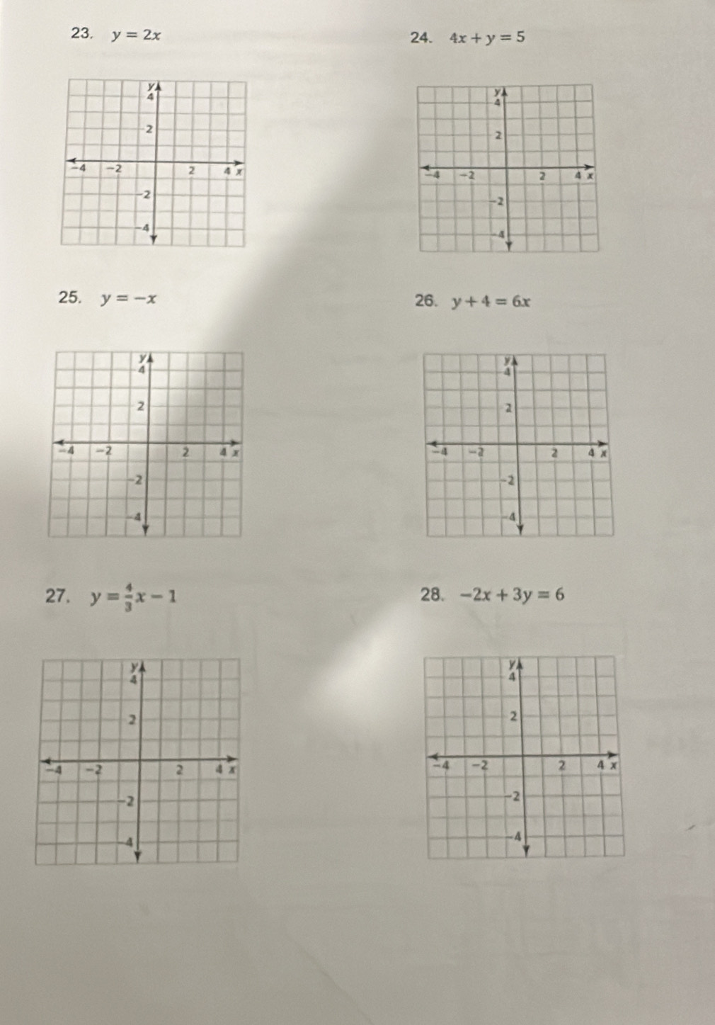 y=2x 24. 4x+y=5

25. y=-x 26. y+4=6x

27. y= 4/3 x-1 28. -2x+3y=6