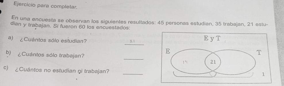 Ejercicio para completar. 
En una encuesta se observan los siguientes resultados: 45 personas estudian, 35 trabajan, 21 estu- 
dian y trabajan. Si fueron 60 los encuestados: 
a) ¿Cuántos sólo estudian? 
21 
b) ¿Cuántos sólo trabajan? _ 
c) ¿Cuántos no estudian ŋi trabajan?_