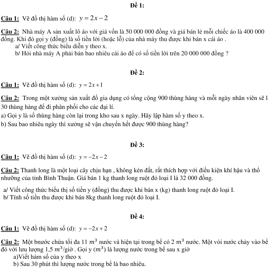 Đề 1:
Câu 1: Vẽ đồ thị hàm số (d): y=2x-2
Câu 2: Nhà máy A sản xuất lô áo với giá vốn là 50 000 000 đồng và giá bán lẻ mỗi chiếc áo là 400 000
đồng. Khi đó gọi y (đồng) là số tiền lời (hoặc lỗ) của nhà máy thu được khi bán x cái áo .
a/ Viết công thức biểu diễn y theo x.
b/ Hỏi nhà máy A phải bán bao nhiêu cái áo đề có số tiền lời trên 20 000 000 đồng ?
Đề 2:
Câu 1: Vẽ đồ thị hàm số (d): y=2x+1
Câu 2: Trong một xưởng sản xuất đồ gia dụng có tổng cộng 900 thùng hàng và mỗi ngày nhân viên sẽ l
30 thùng hàng để đi phân phối cho các đại lí.
a) Gọi y là số thùng hàng còn lại trong kho sau x ngày. Hãy lập hàm số y theo x.
b) Sau bao nhiêu ngày thì xưởng sẽ vận chuyển hết được 900 thùng hàng?
Đề 3:
Câu 1: Vẽ đồ thị hàm số (d): y=-2x-2
Câu 2: Thanh long là một loại cây chịu hạn , không kén đất, rất thích hợp với điều kiện khí hậu và thổ
nhưỡng của tỉnh Bình Thuận. Giá bán 1 kg thanh long ruột đỏ loại I là 32 000 đồng.
a/ Viết công thức biểu thị số tiền y (đồng) thu được khi bán x (kg) thanh long ruột đỏ loại I.
b/ Tính số tiền thu được khi bán 8kg thanh long ruột đỏ loại I.
Đề 4:
Câu 1: Vẽ đồ thị hàm số (d): y=-2x+2
Câu 2: Một bnước chứa tối đa 11m^3 nước và hiện tại trong bể có 2m^3 mước. Một vòi nước chảy vào bể
đó với lưu lượng 1,5m^3/gio. Gọi y (m^3) là lượng nước trong bể sau x giờ
a)Viết hàm số của y theo x
b) Sau 30 phút thì lượng nước trong bể là bao nhiêu.