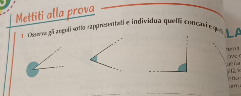 Mettiti alla prova 
1 Osserva gli angoli sotto rappresentati e individua quelli concavi e quelli 
tema 
ove ( 
_ 
uella 
ità fo 
nito 
omu 
_ 
_