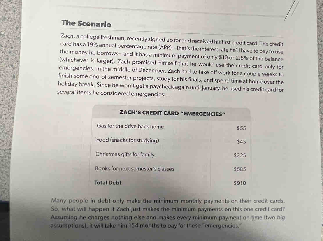 The Scenario 
Zach, a college freshman, recently signed up for and received his first credit card. The credit 
card has a 19% annual percentage rate (APR)—that’s the interest rate he’ll have to pay to use 
the money he borrows—and it has a minimum payment of only $10 or 2.5% of the balance 
(whichever is larger). Zach promised himself that he would use the credit card only for 
emergencies. In the middle of December, Zach had to take off work for a couple weeks to 
finish some end-of-semester projects, study for his finals, and spend time at home over the 
holiday break. Since he won’t get a paycheck again until January, he used his credit card for 
several items he considered emergencies. 
ZACH’S CREDIT CARD “EMERGENCIES” 
Gas for the drive back home $55
Food (snacks for studying) $45
Christmas gifts for family $225
Books for next semester’s classes $585
Total Debt $910
Many people in debt only make the minimum monthly payments on their credit cards. 
So, what will happen if Zach just makes the minimum payments on this one credit card? 
Assuming he charges nothing else and makes every minimum payment on time (two big 
assumptions), it will take him 154 months to pay for these "emergencies."