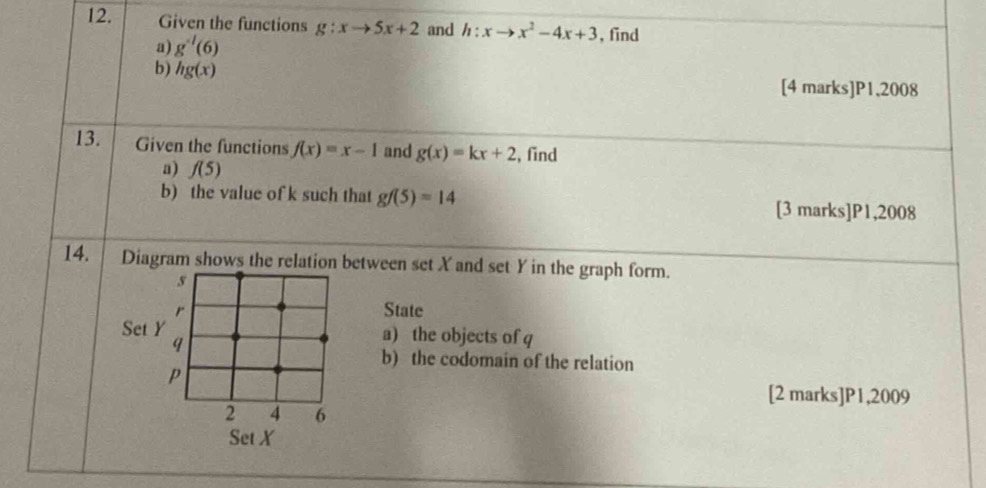 Given the functions g:xto 5x+2 and h:xto x^2-4x+3 , find 
a) g^(-1)(6)
b) hg(x) [4 marks]P1,2008 
13. Given the functions f(x)=x-1 and g(x)=kx+2 , find 
a) f(5)
b) the value of k such that gf(5)=14 [3 marks]P1,2008 
14. Diagram shows the relation between set X and set Y in the graph form. 
s 
r State 
Set Y a) the objects of q
q 
b) the codomain of the relation 
p 
[2 marks]P1,2009 
2 4 6 
Set X