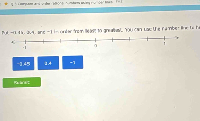 Compare and order rational numbers using number lines FMS 
Put -0.45, 0.4, and -1 in order from least to greatest. You can use the number line to h
-0.45 0.4 -1
Submit